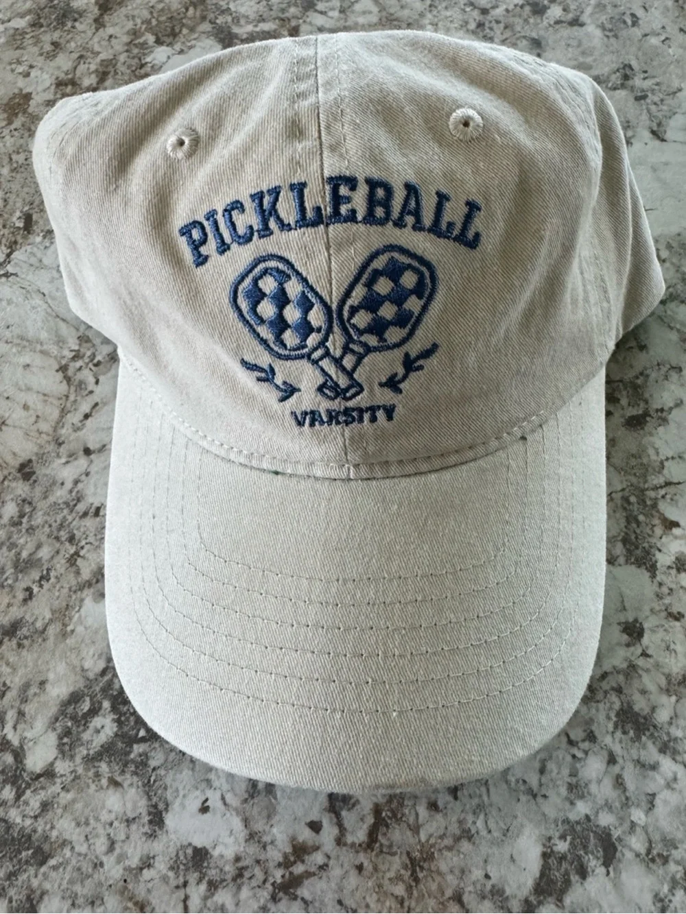 Pickleball Varsity Embroidered Baseball Cap Almond Blue Green 100% Cotton